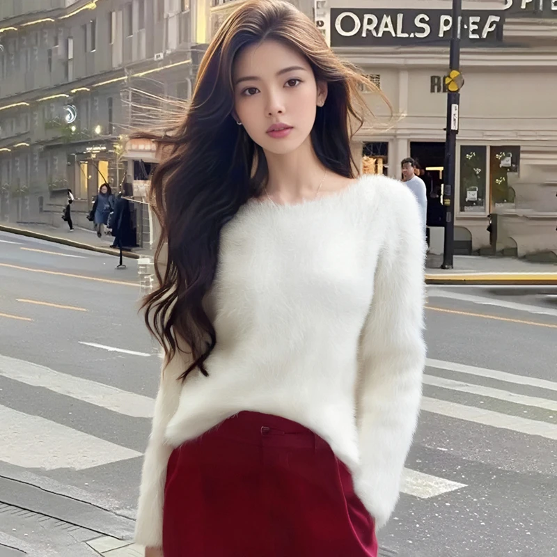 2024高级感亮丝仿水貂加厚套头毛衣女秋冬新款甜美百搭慵懒上衣潮