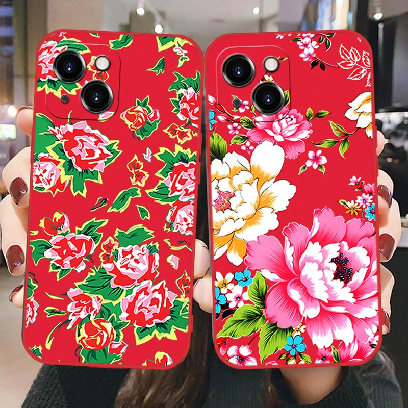 东北大花手机壳适用苹果15红色13花布12棉袄14promax土潮iphone11