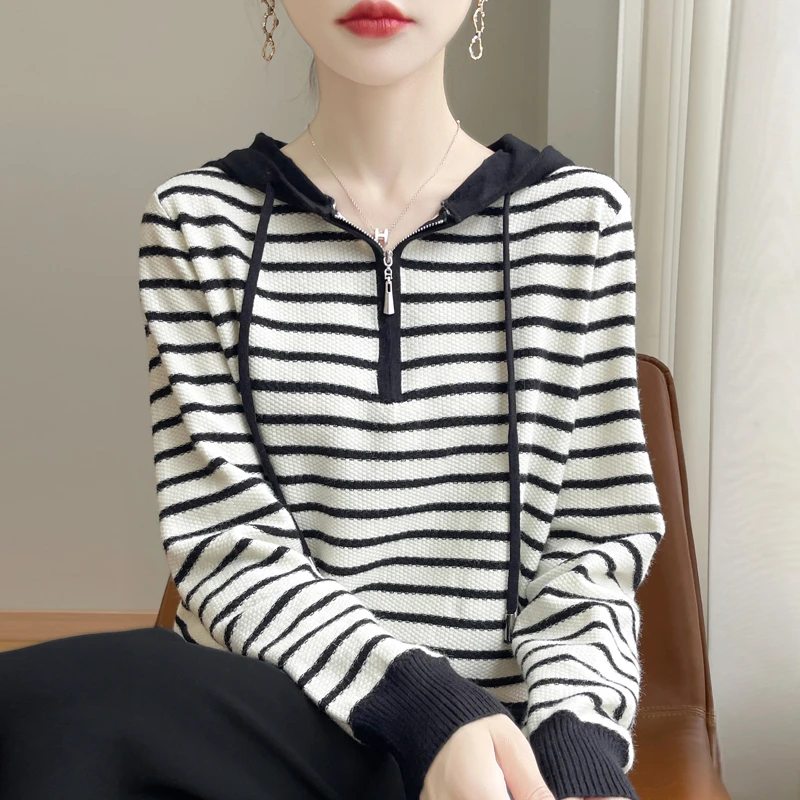 气质半拉链条纹连帽衫显瘦长袖百搭休闲宽松套头Y37