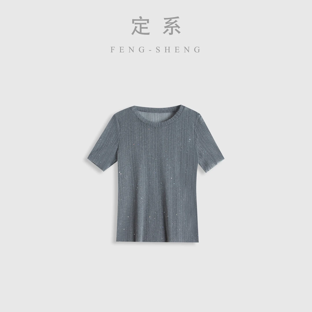 定系【冬姐精选】休闲简约百搭落坑条钉钻女款圆领短袖上衣