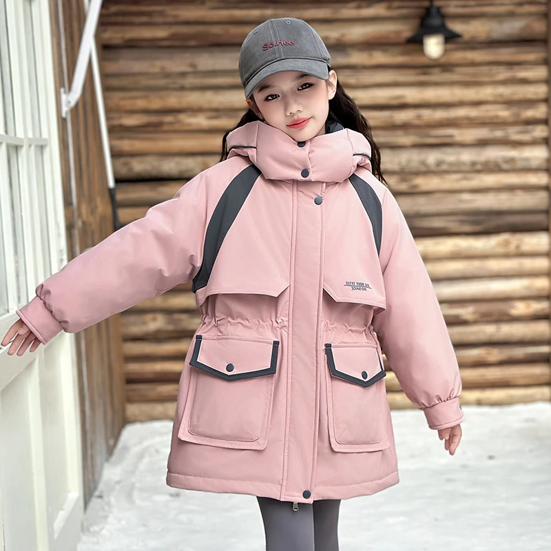 女童洋气中长款加绒加厚中大童保暖休闲连帽防风韩版秋冬服