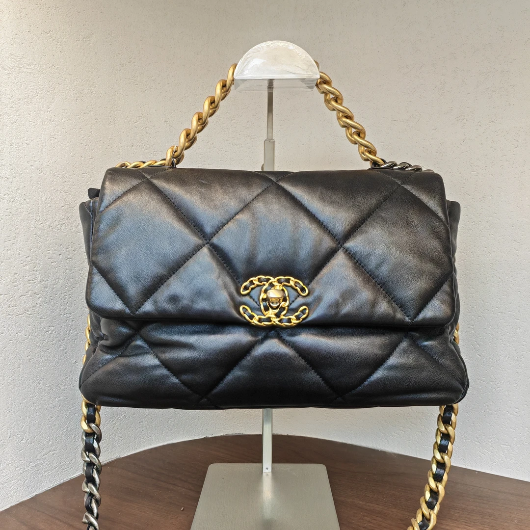 99新 Chanel/香奈儿 黑金19bag中号芯片款链条包0520