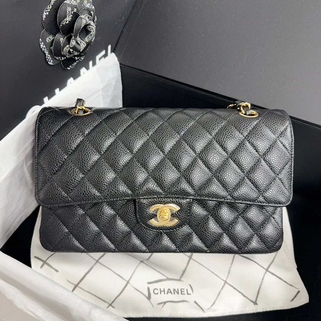 99新 Chanel/香奈儿 芯片黑金cf中号荔枝纹链条包 （G7L3）