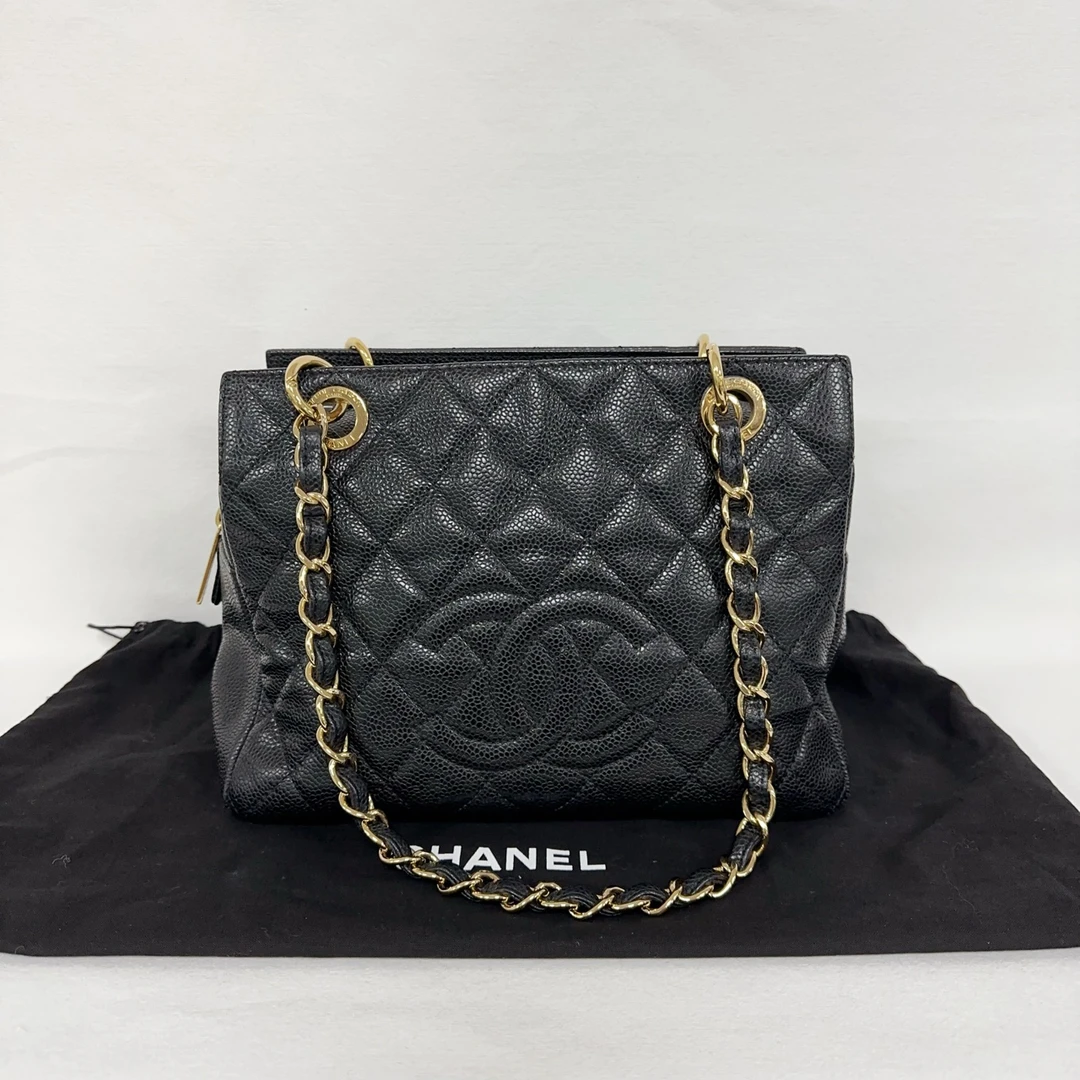 95新 Chanel/香奈儿 黑金荔枝纹PTT托特包小号GST 5685