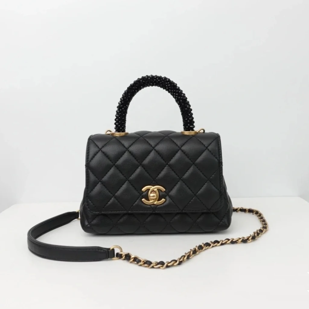 99新 Chanel/香奈儿 黑金牛coco handle mini满钻手柄芯片包XLLK