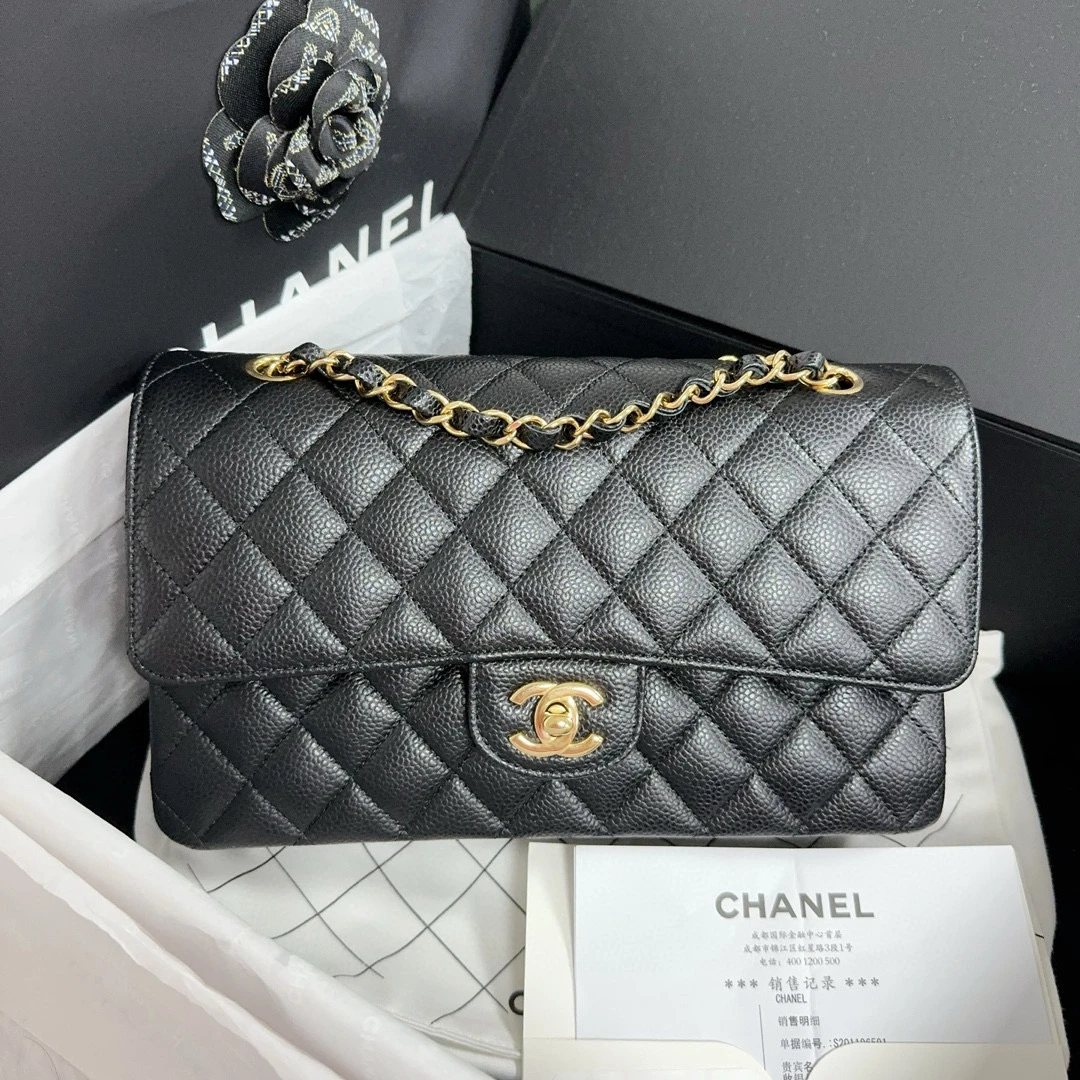 99新 Chanel/香奈儿 黑金cf中号芯片荔枝纹牛链条包1230 1JP3