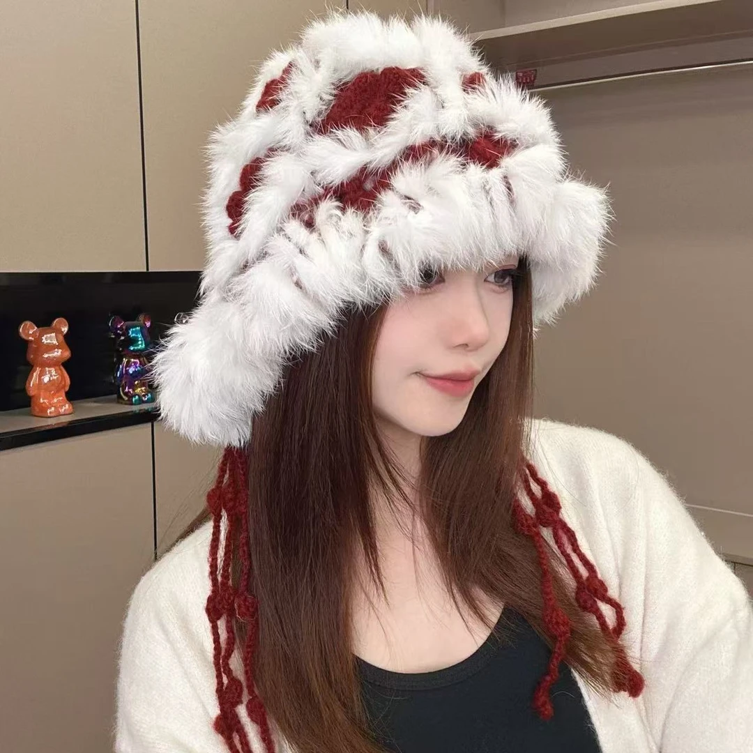 氛围感毛绒帽秋冬兔毛渔夫帽女2024新款保暖护耳针织毛线帽雪花帽