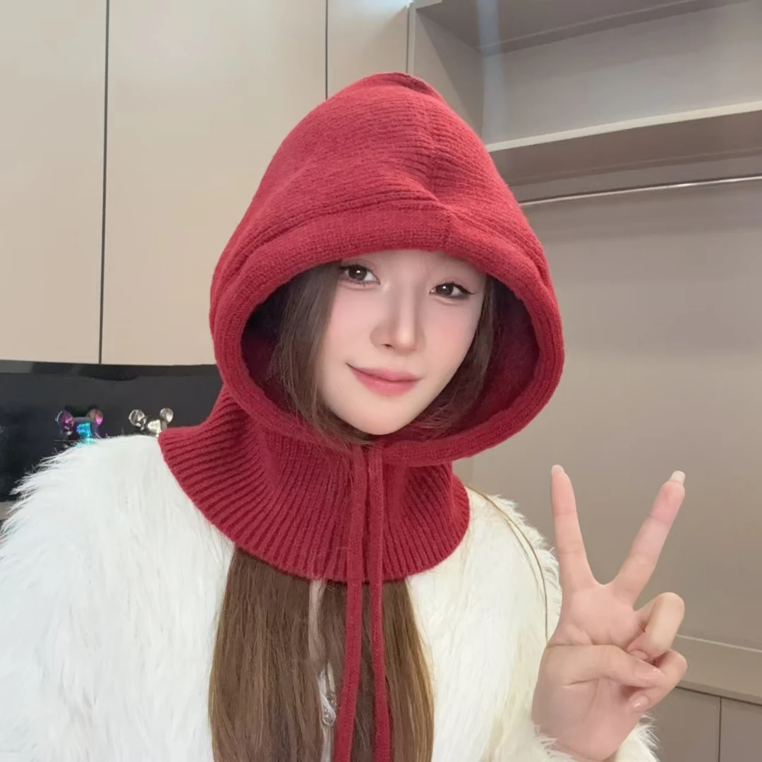 新款绵羊毛毛线帽子围脖一体女秋冬加厚针织连帽围巾