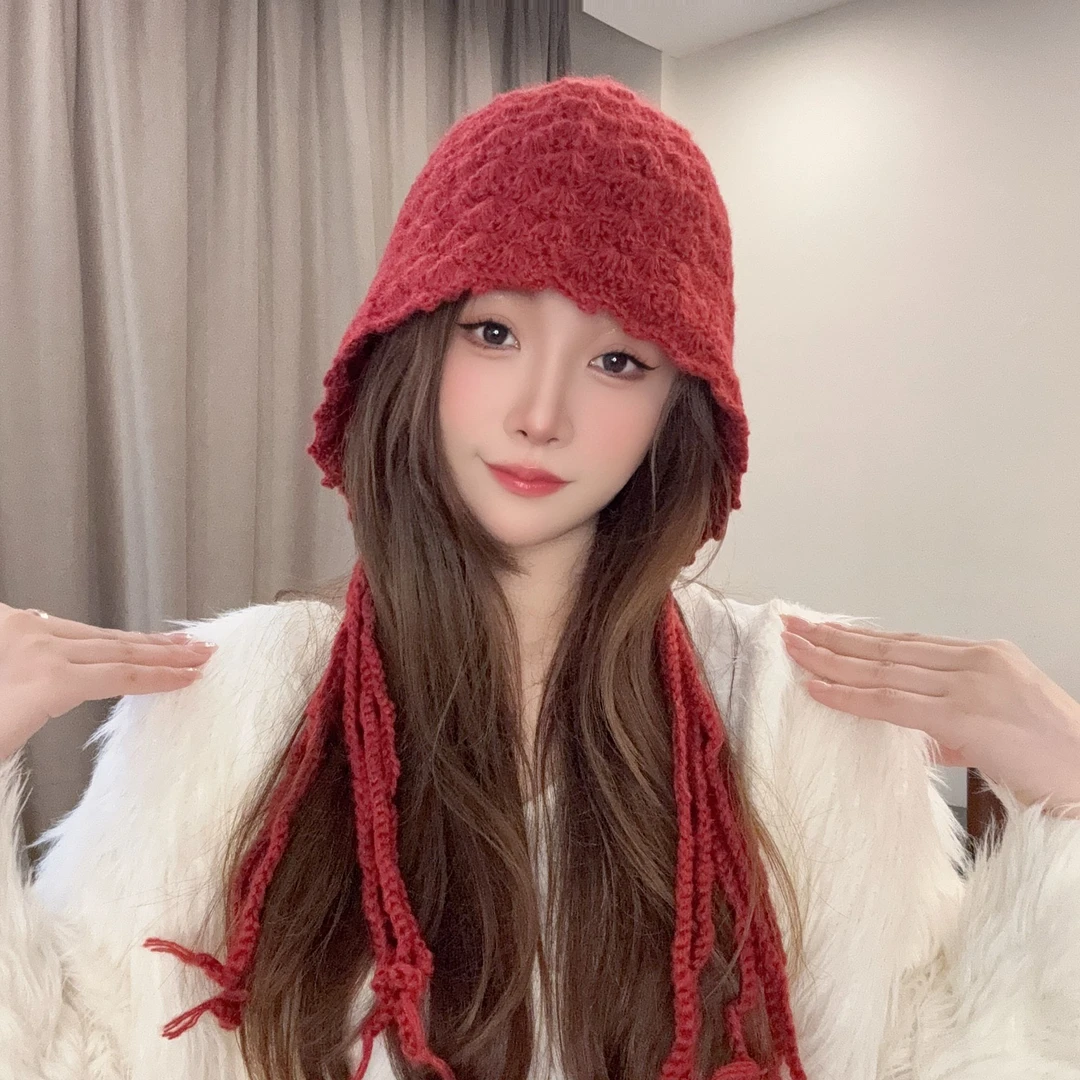 纯手工钩织流苏帽子秋冬季防风护耳异域甜美百搭出游拍照毛线帽女