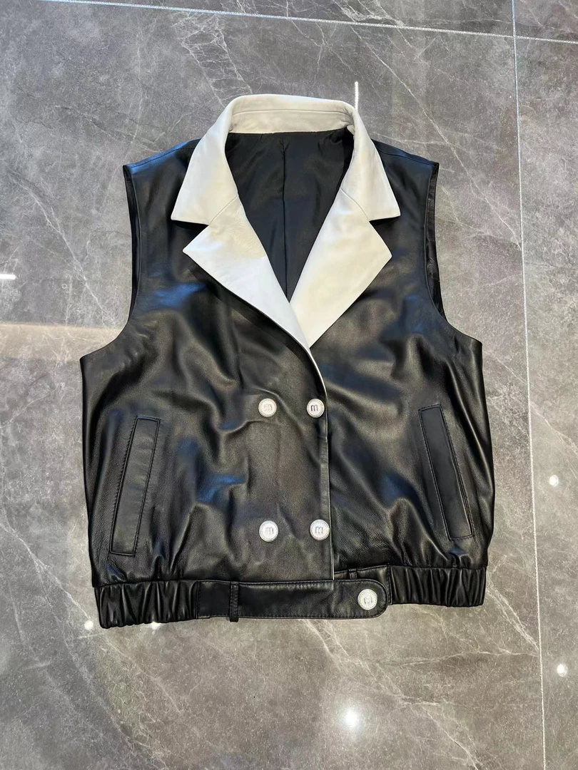 秋季黑色女士绵羊皮真皮欧货时尚大气爆款马甲黑白配气质网红休闲