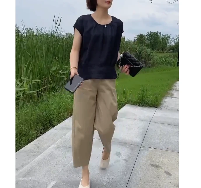 2024夏季新款时尚女装网红高级感休闲薄款纯色上衣裤子韩雅