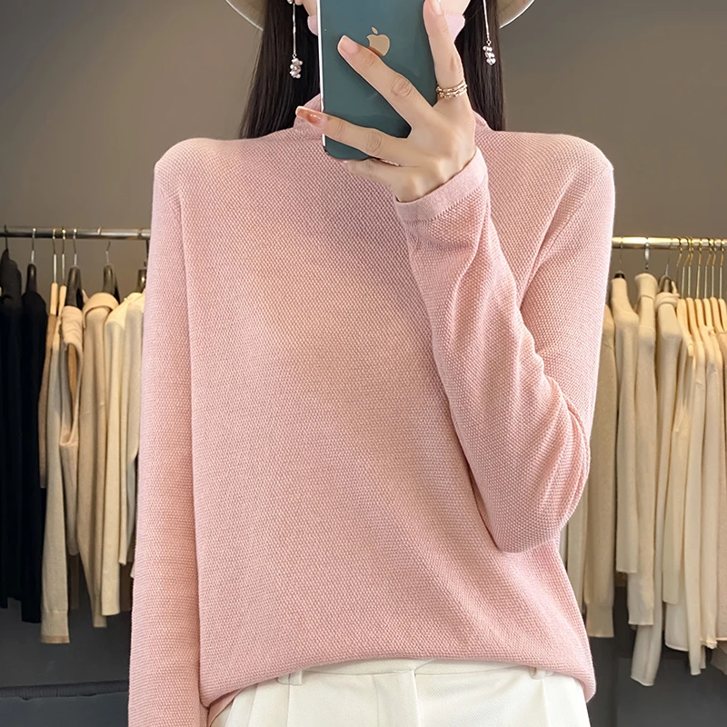24新款薄款堆堆领长袖纯色套头休闲宽松打底针织衫