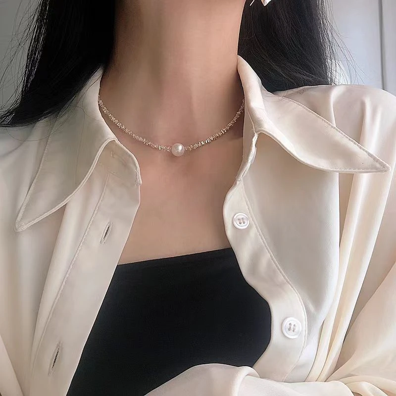 单颗珠珠吊坠不规则碎银子气质项链高级感轻奢锁骨链20