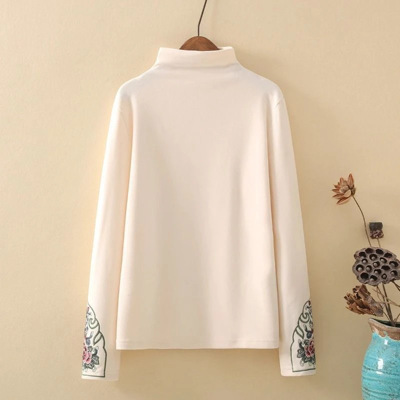 秋冬新款双面德绒打底衫复古刺绣民族风保暖长袖恤女上衣半高领