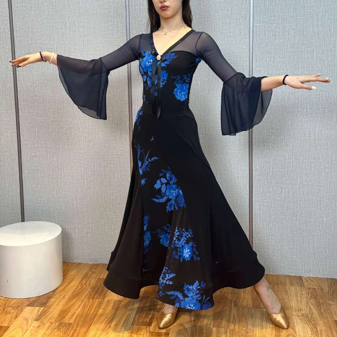锦郅H03拼接蓝花裙子摩登拉丁国标吉特巴广场交谊舞服半身裙套装