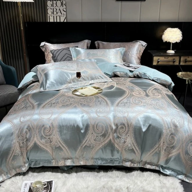 【四季款】水蓝之星贡缎蓝色提花四件套亲肤夏季裸睡清轻奢被套2