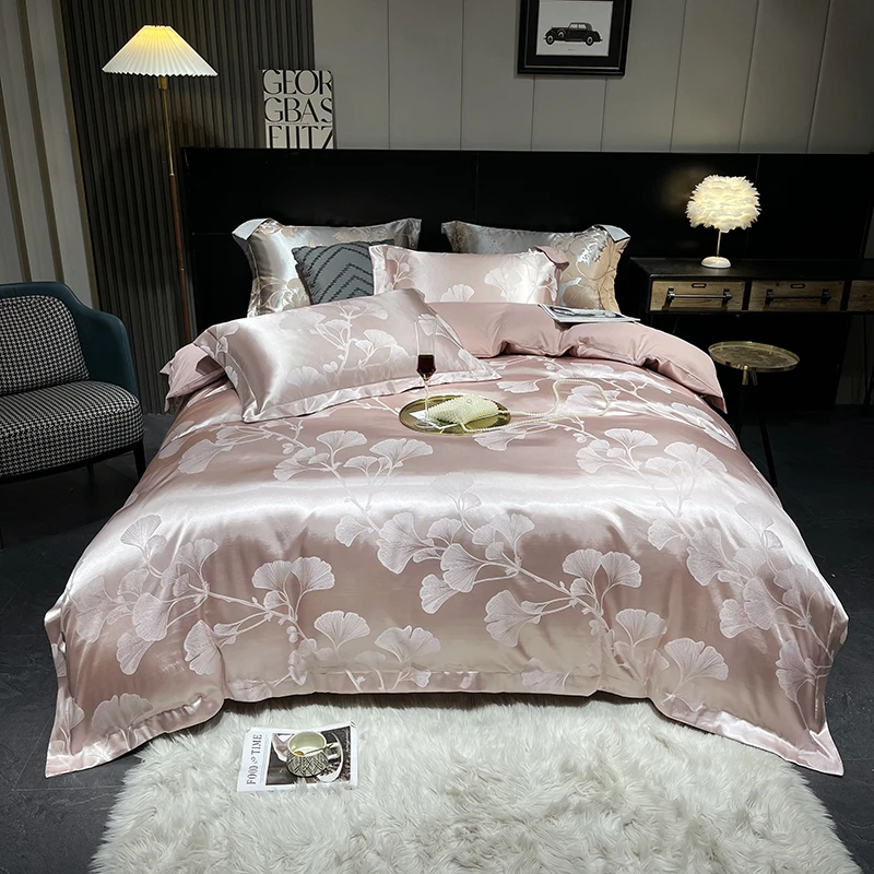 【女神款】一叶知秋贡缎提花四件套玉粉色轻奢玉粉色夏季欧式高档