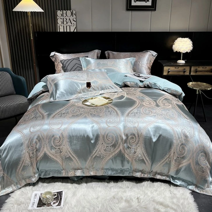 【四季款】水蓝之星贡缎提花蓝色四件套轻奢透气亲肤夏季欧式高档