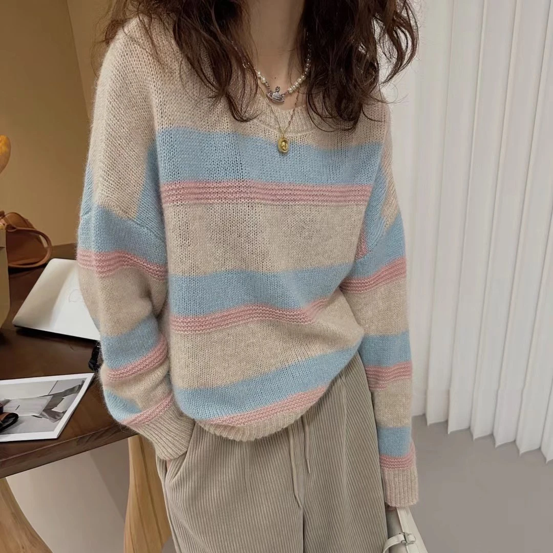 秋季新款毛衣女宽松外穿慵懒风韩版复古撞色条纹圆领百搭打底衫女