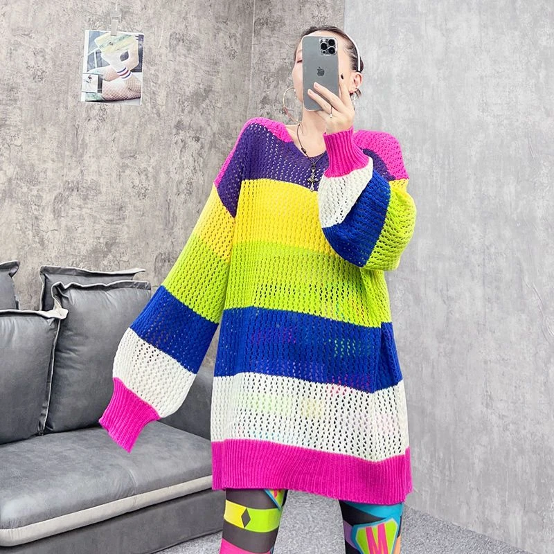 春装女新款洋气连衣裙大码胖mm显瘦遮肚镂空宽松撞色慵懒风短裙