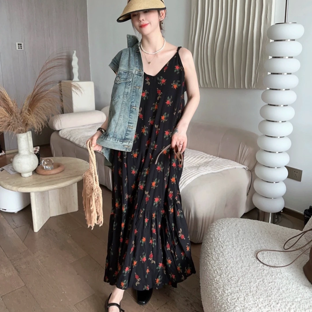 宽松连衣裙夏季新款韩版开叉碎花气质时尚复古大码长款吊带裙长裙