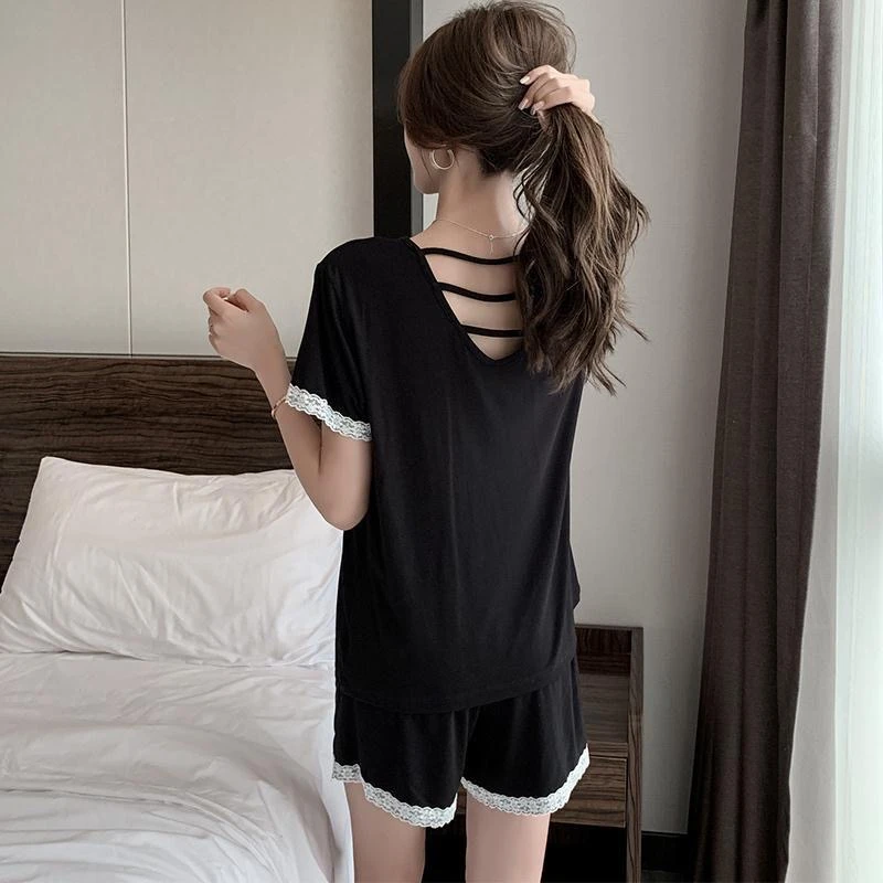 睡衣女夏季短袖莫代尔棉黑色薄款两件套装甜美学生家居服可外穿