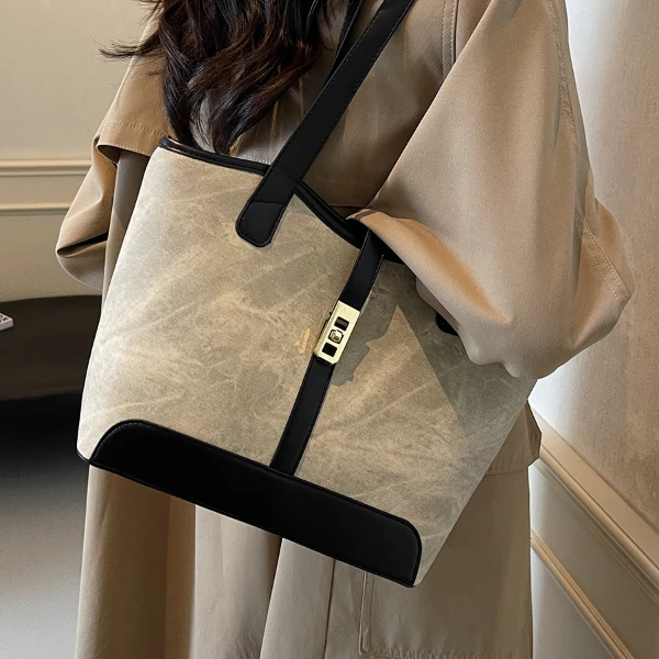 大容量包包女春夏新款复古上班单肩包百搭撞色通勤专用爆款托特包