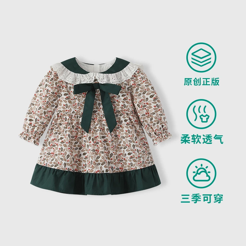 女童连衣裙2024新款秋季长袖公主裙蕾丝翻领碎花大蝴蝶结儿童裙子