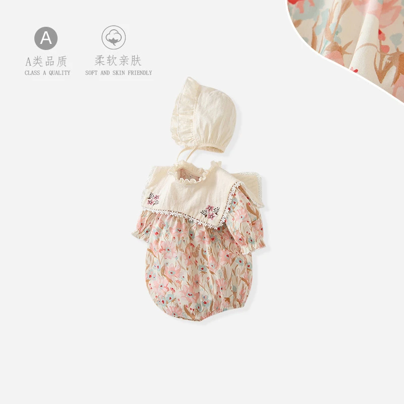 婴幼儿长袖连体衣夏季新款时尚娃娃领哈衣爬服婴儿包屁衣纯棉