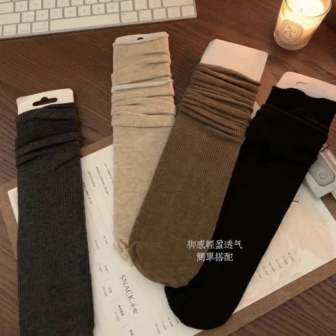 秋冬咖系纯色百搭条纹堆堆袜女韩版学院风简约中筒袜女潮长筒袜