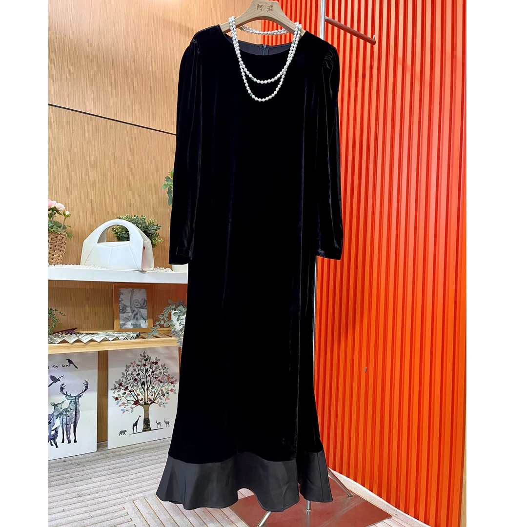 高端桑蚕丝丝绒连衣裙显瘦款鱼尾裙