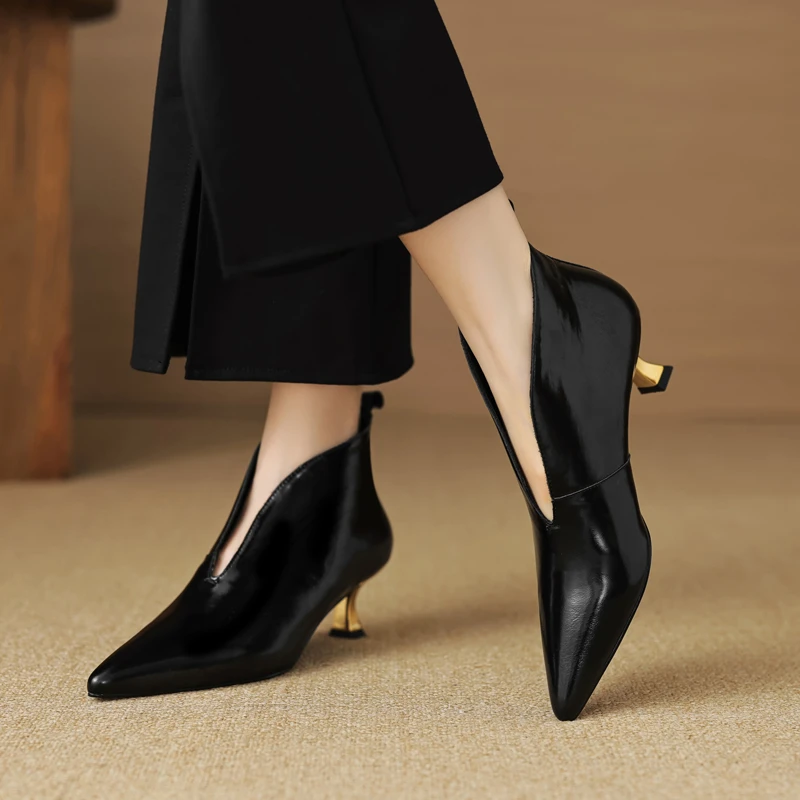 牛皮/5.5CM/34-39小香风短靴通勤风黑色高跟鞋尖头细跟及踝靴子