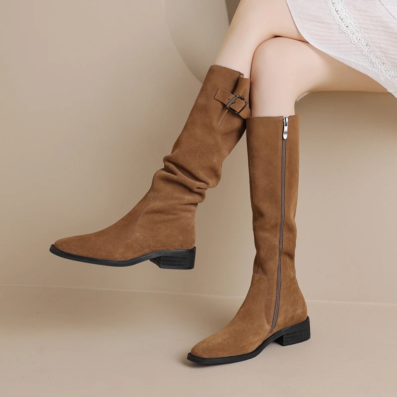 低跟牛翻皮长筒靴2025年秋冬圆头侧拉链粗跟骑士靴磨砂皮高筒靴