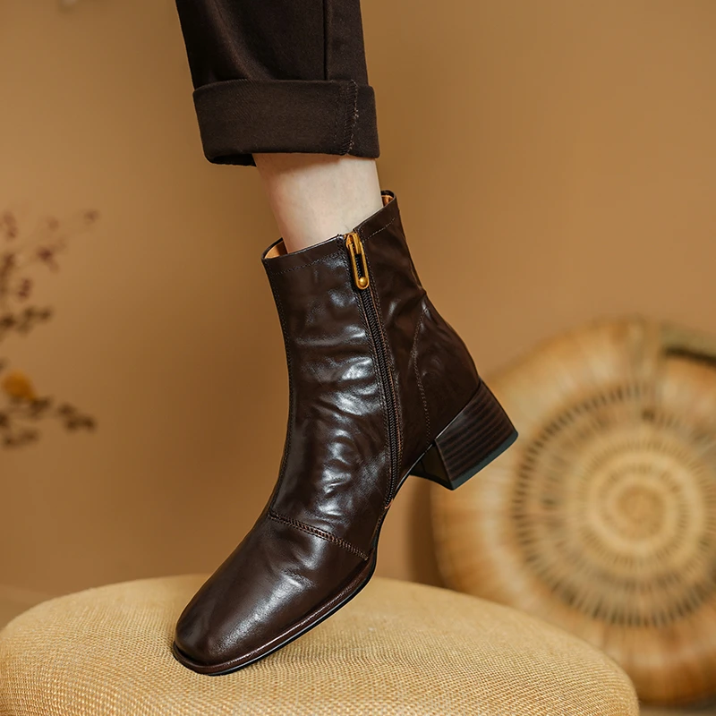胎牛皮/4.5cm跟 时尚方头中跟短靴女软牛皮复古女靴子网红款女鞋