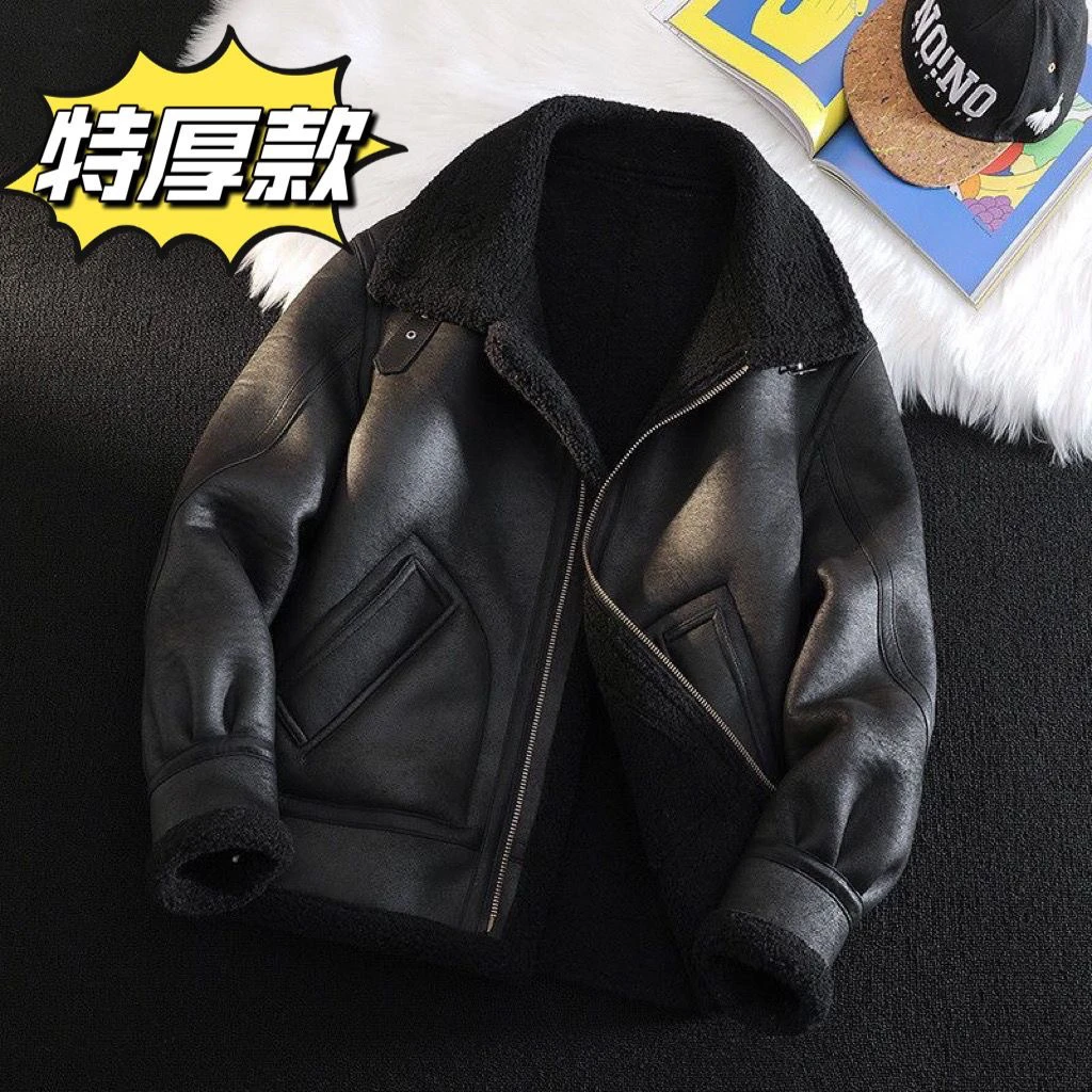 新款加厚高端保暖皮毛一体机车服男冬季宽松情侣仿羊羔毛机车外套