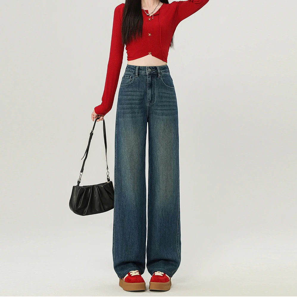 KICKO【早秋热卖款】新款时尚设计深蓝色直筒显瘦牛仔裤设计感秋冬