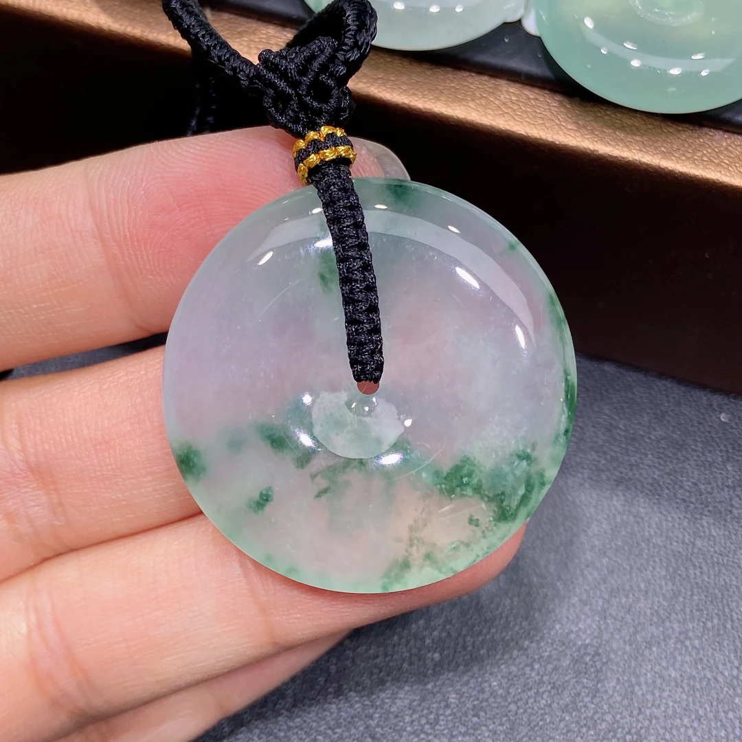 天然缅甸A货翡翠高冰种飘意境花平安扣吊坠冰透百搭款R