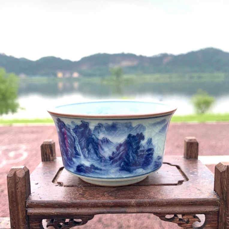 景德镇高温茶杯陶瓷主人杯山水杯老陶泥开片茶具千里江山马蹄杯