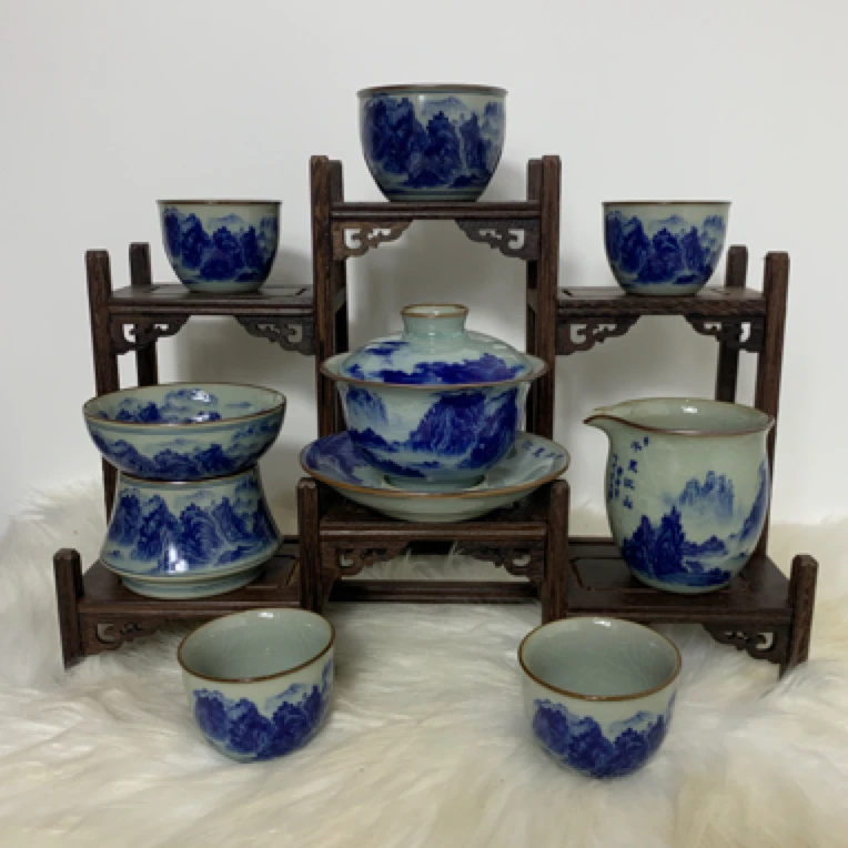 景德镇千里江山青花老陶泥功夫茶具套装家用轻奢高档陶瓷中式
