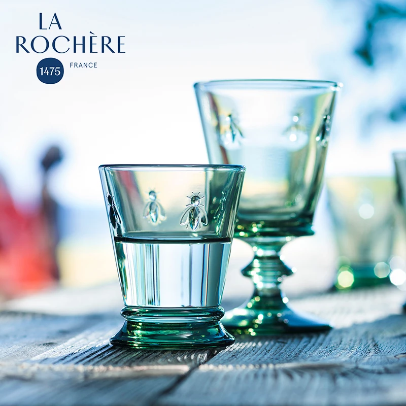 南法乡村La Rochere法国复古绿茶杯玻璃水杯浮雕高脚酒杯果汁杯子