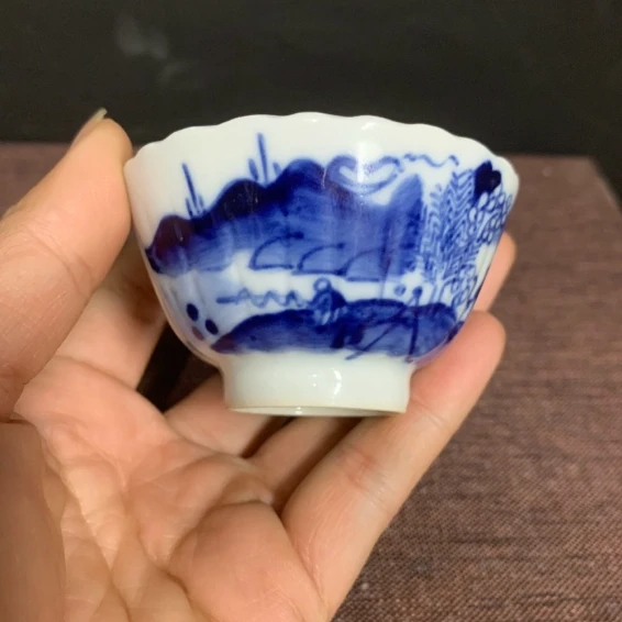 景德镇老瓷厂库存 青花山水瓜棱杯