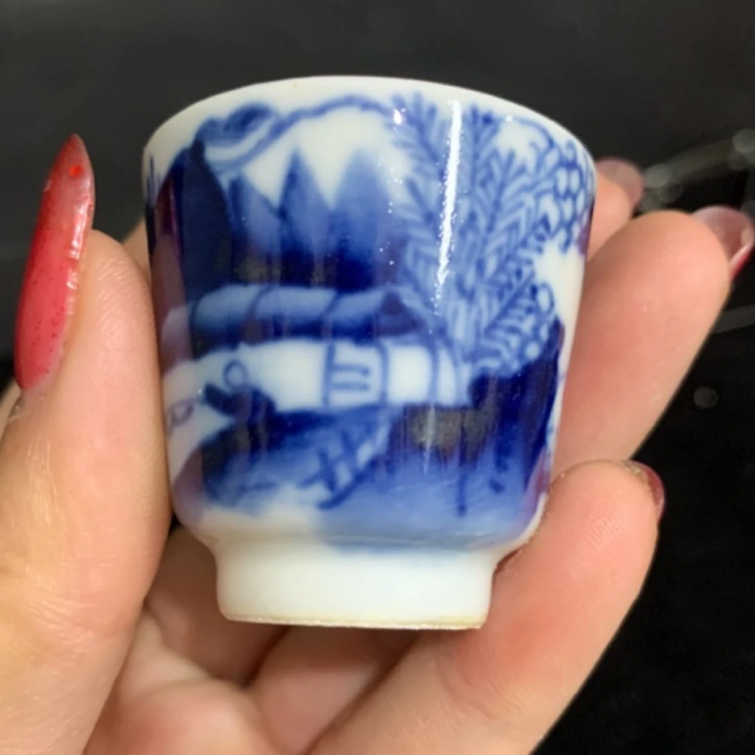 景德镇老瓷厂库存 青花山水渔樵耕读一口杯20C C