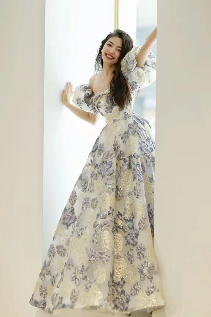 法式泡泡袖抹胸新娘婚礼晚礼服声乐艺考生主持人高级感宴会连衣裙