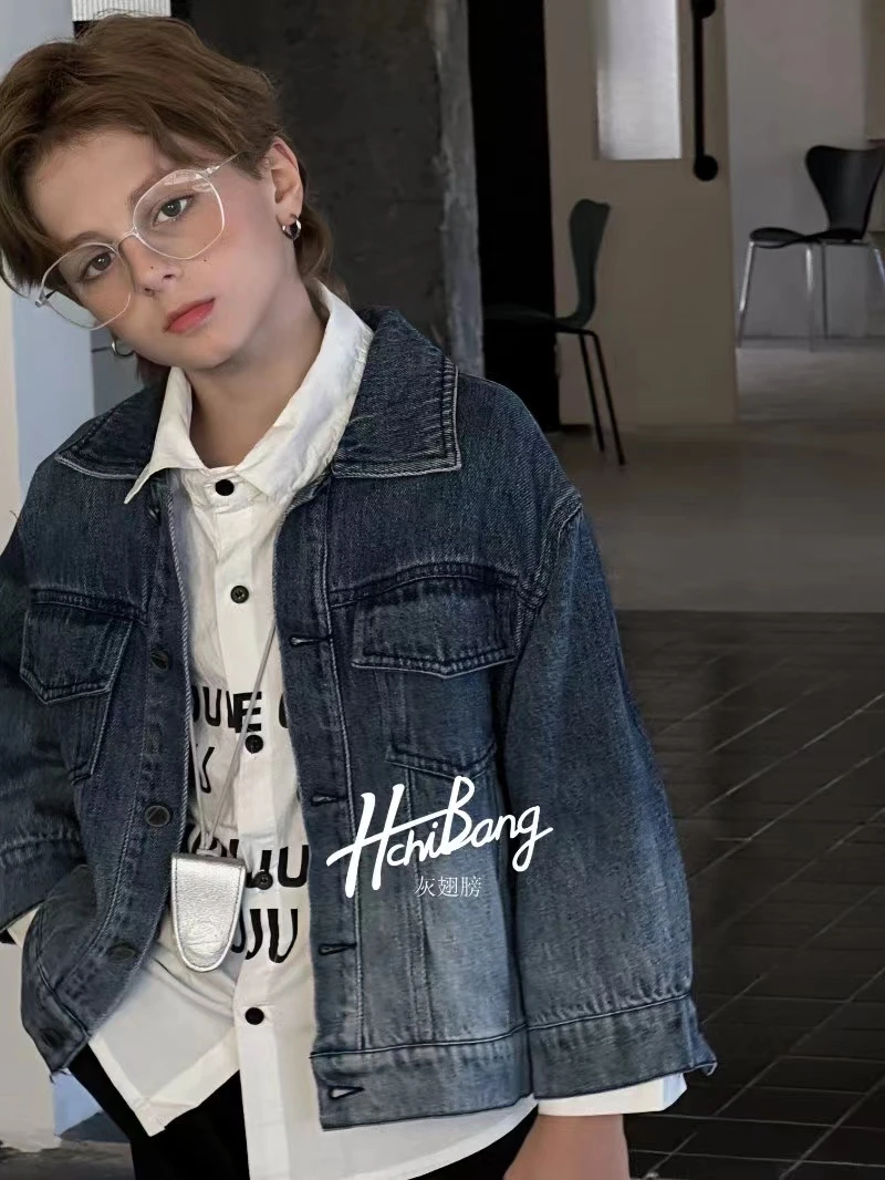 7085中大童秋季洋气休闲新款牛仔做旧百搭宽松字母牛仔外套时尚