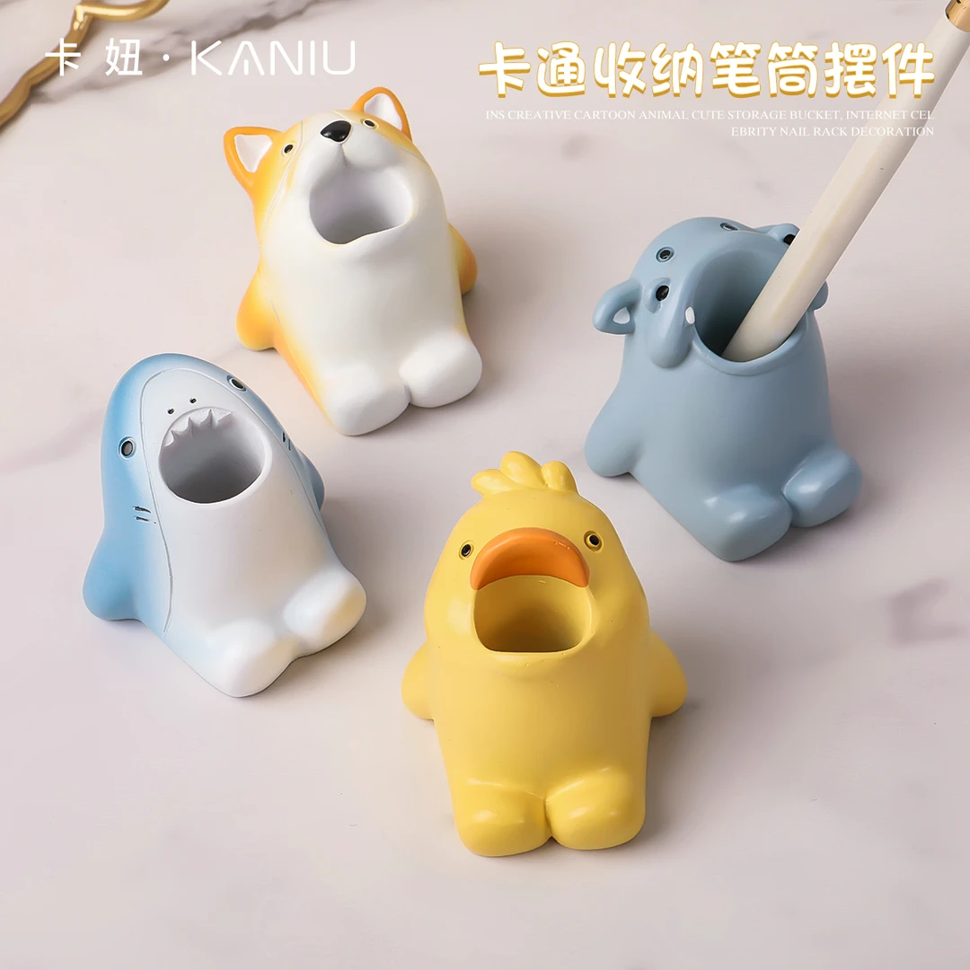 美甲笔卡通收纳笔筒摆件桌面整理工具美甲店专用小鸭柯基鲨鱼河马