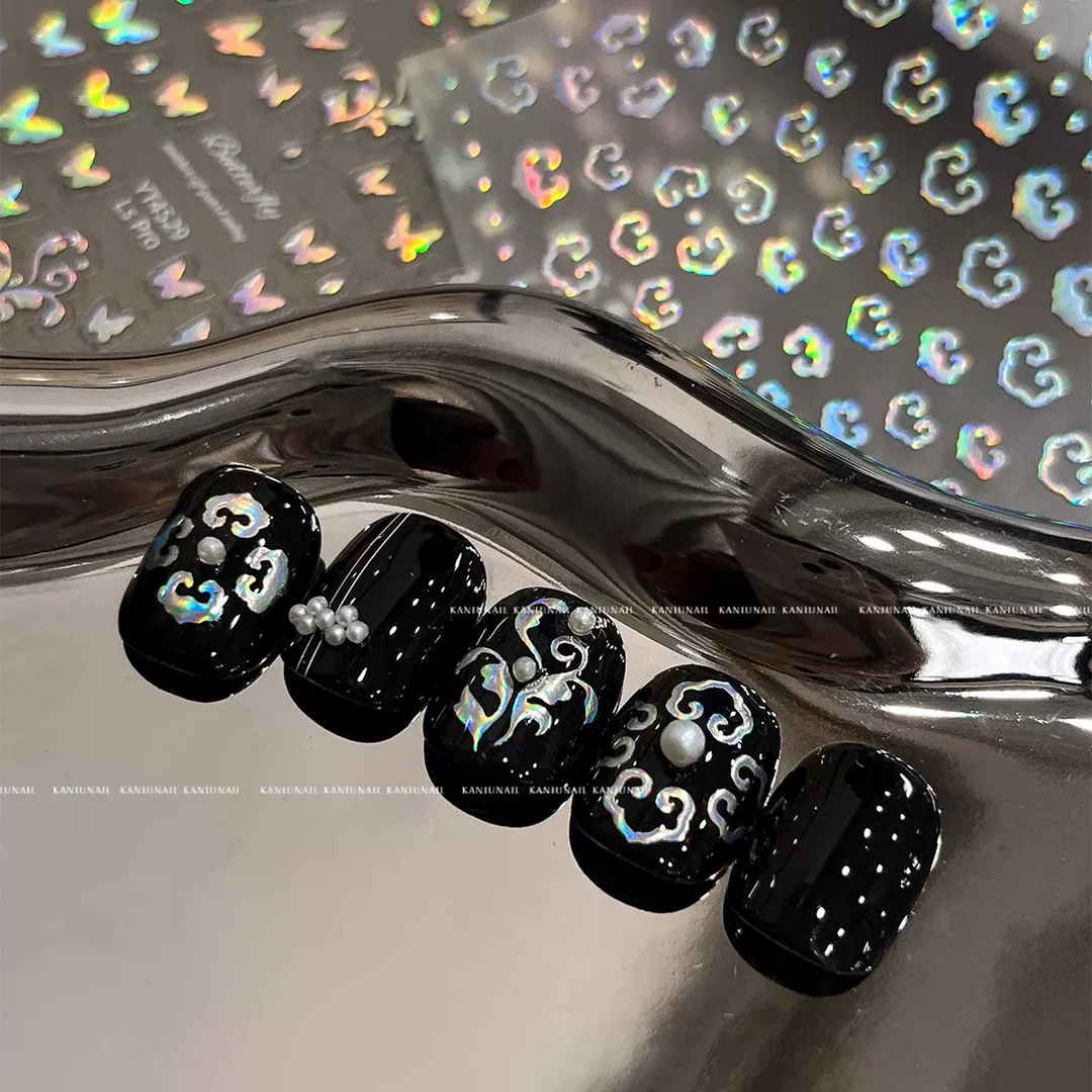 卡妞镭射螺钿美甲贴纸网红幻彩国风新中式祥云蝴蝶立体浮雕贴纸