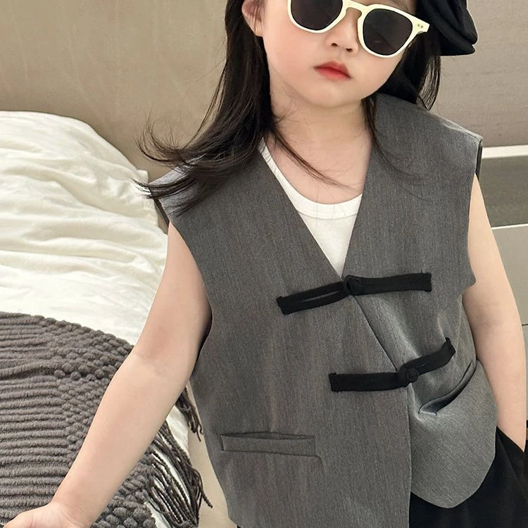 【语系】童装中式马甲新款女童小众设计马甲外套灰色马甲坎肩23210