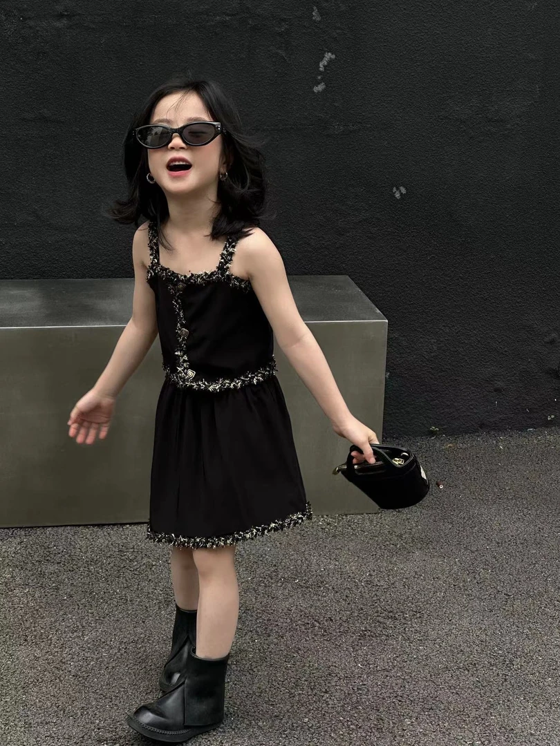 女童短款时尚百搭儿童夏季吊带黑色韩版设计感气质修身套装10382