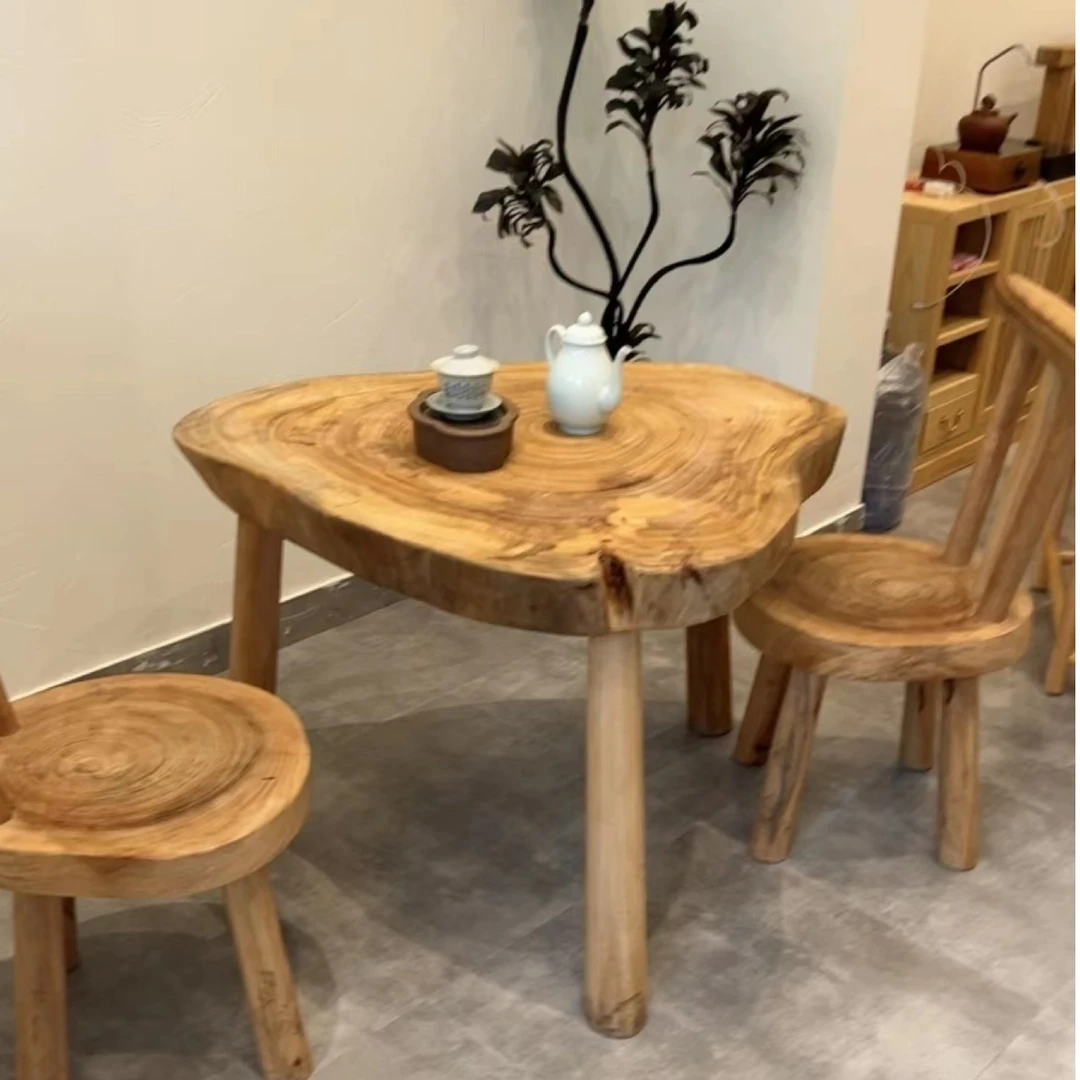 原木风侘寂风日式美式异形香樟木圆形创意茶几边几民宿客厅家用