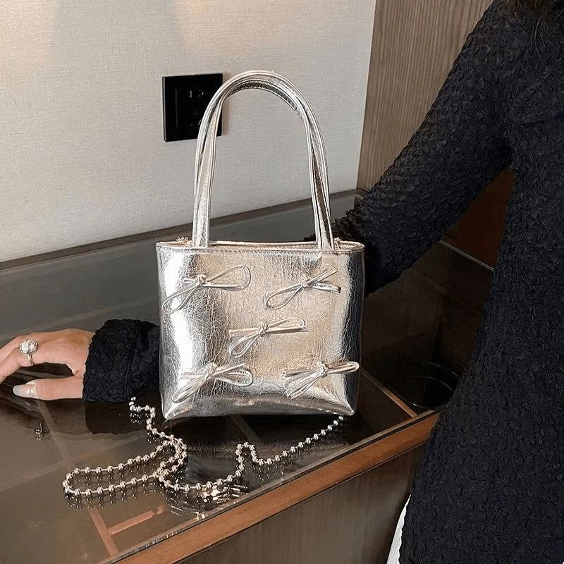 2024新款甜美蝴蝶结迷你手提小方包托特小包包女高级感链条斜挎包